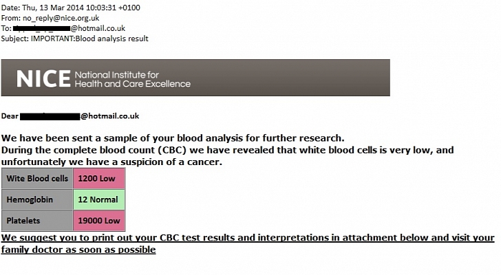 "We have been sent a sample of your blood analysis for further research. During the complete blood count (CBC) we have revealed that white blood cells is very low, and unfortunately we have a suspicion of a cancer. We suggest you to print out your CBC test results and interpretations in attachment below and visit your family doctor as soon as possible."
