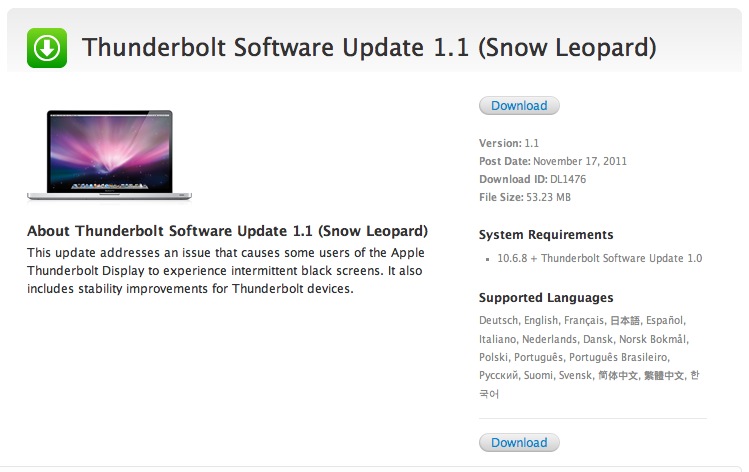 Apple posts Thunderbolt Software Update 1.1 (Snow Leopard)