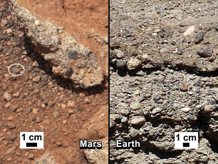 Image comparison of a Martian outcrop of rocks called Link (left), and similar rocks seen on Earth (right). Both photos show rounded gravel fragments, such as those produced by the passing of a river