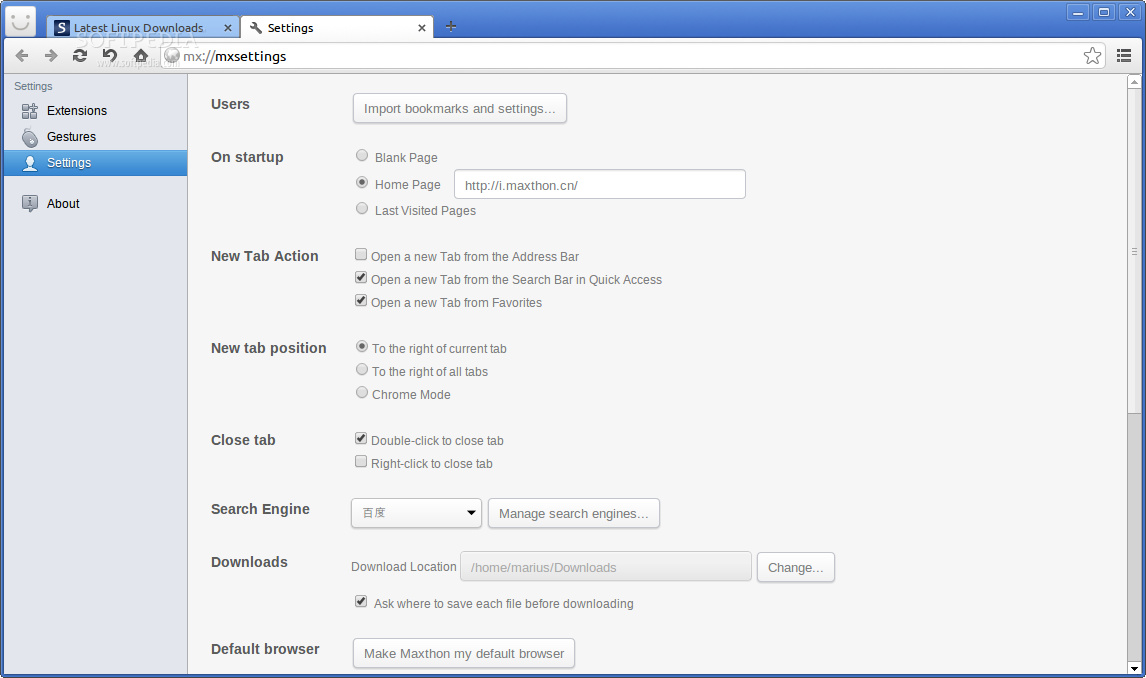 Página de ajustes en Maxthon Cloud Browser para Linux