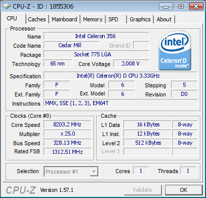 Intel Celeron 356 processor overclocked at 8203MHz
