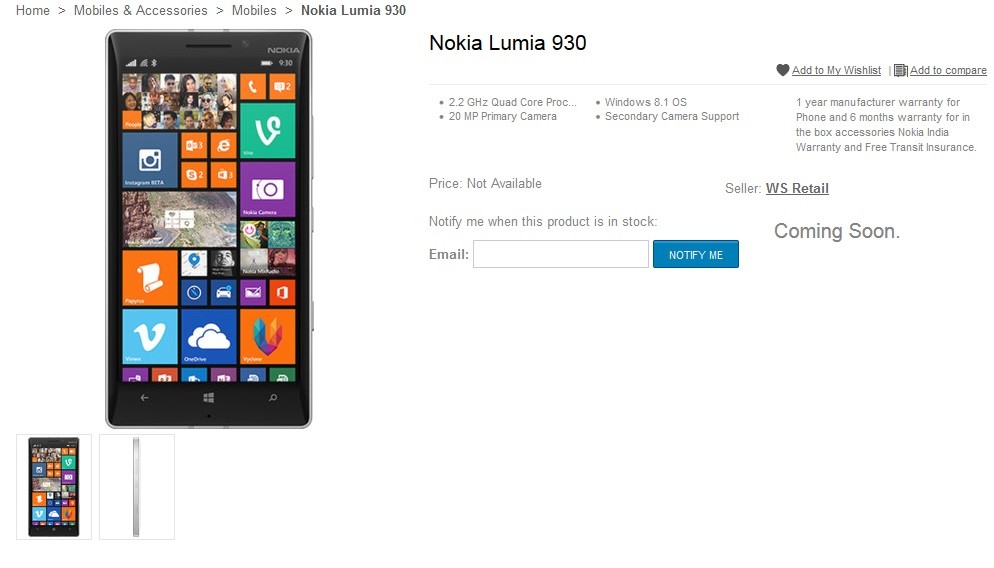 Nokia Lumia 930 Coming Soon to India, Already Listed at ...