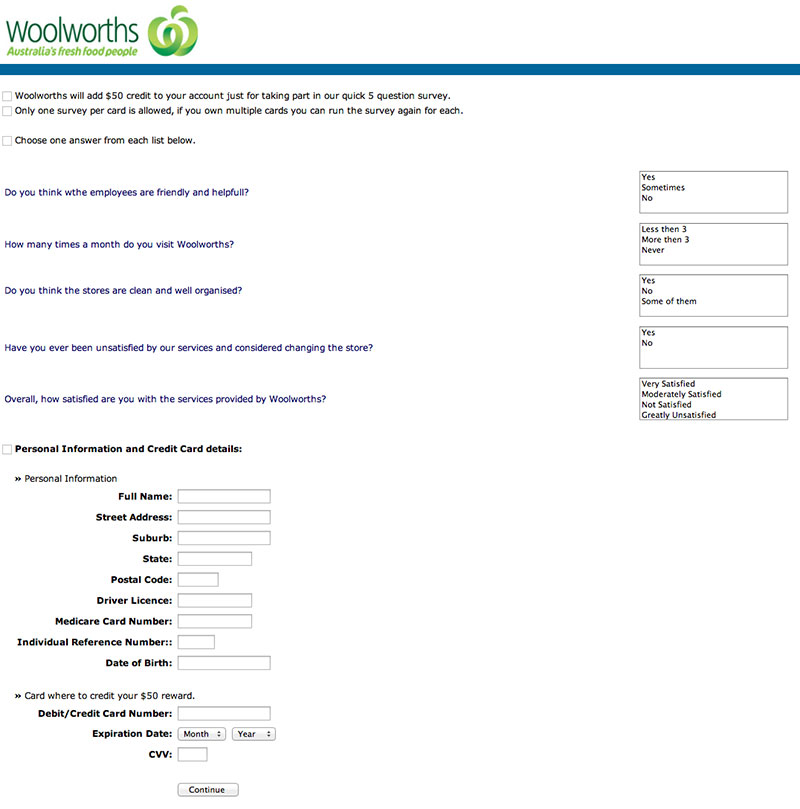 Woolworths phishing page