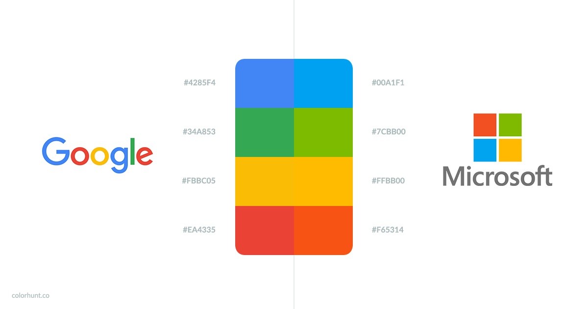 Färger för logotyper som tillhör Google och Microsoft